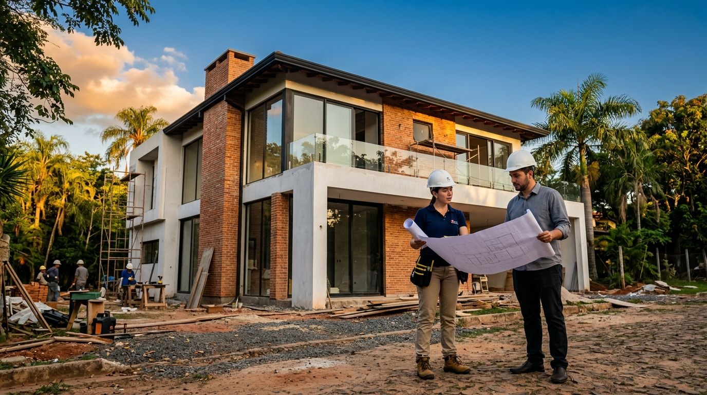 Arquitecta e ingeniero revisando planos frente a una vivienda en construcción