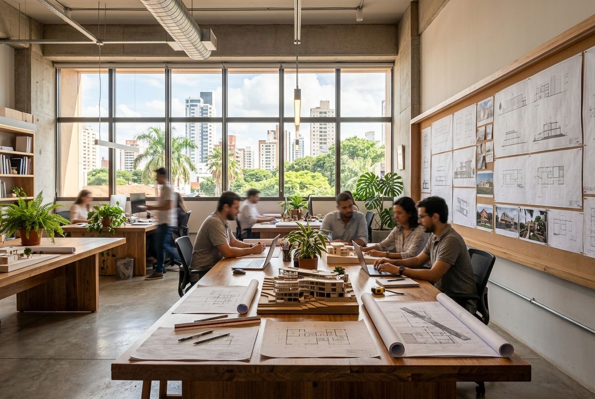 Oficina del estudio con mesas de trabajo, planos y maquetas